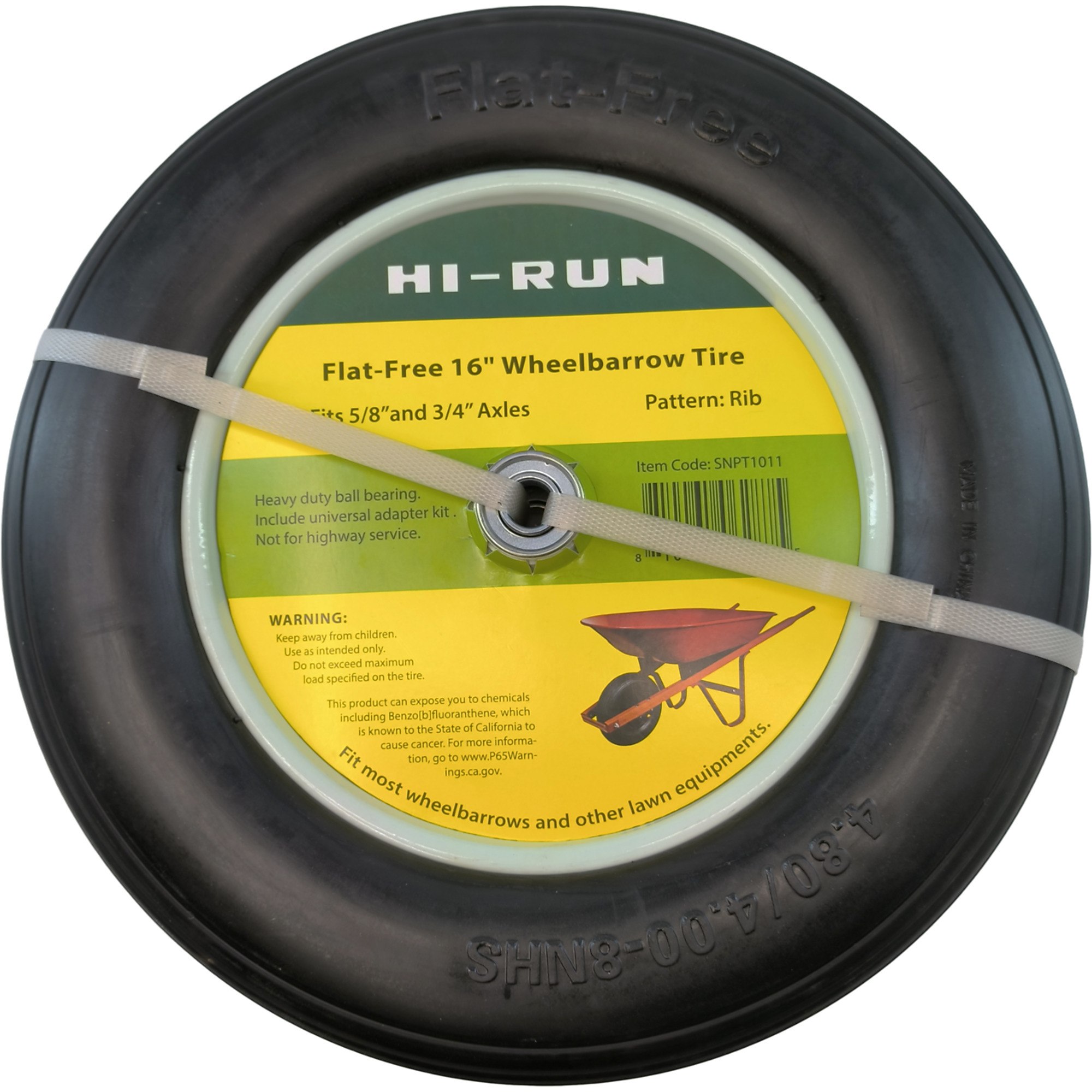 HI-RUN, Flat Free 16in. Wheelbarrow Tire Assembly (Rib), Tire Diameter 15.8 in, Model# SNPT1011